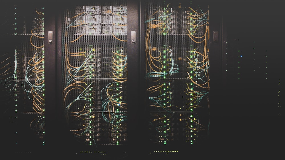 Server room with blue-lit data racks