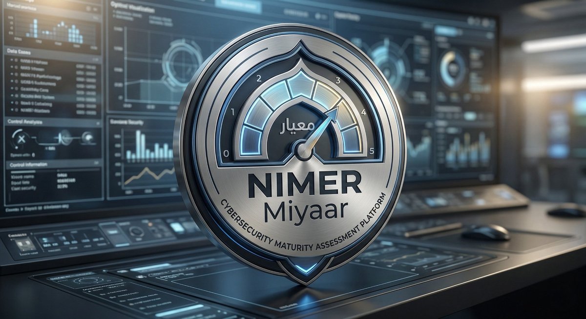 NIMER Miyaar — Cybersecurity Maturity Assessment Platform logo with metallic gauge badge