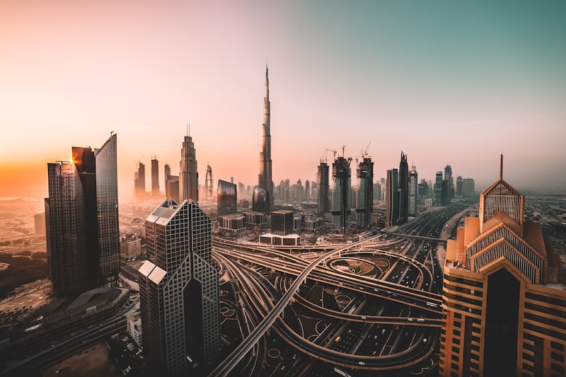 Dubai skyline at golden hour with Burj Khalifa